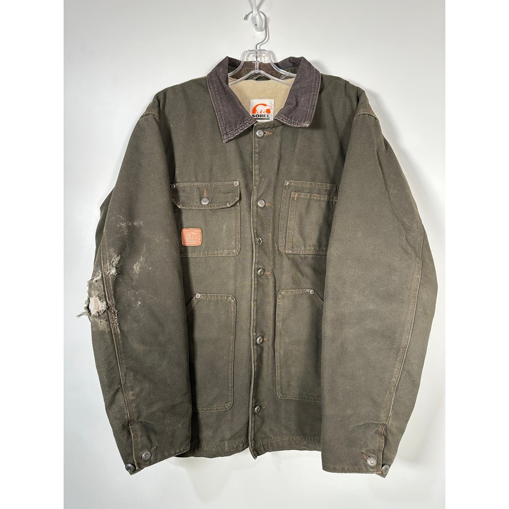 Sorel Mens Olive Green Canvas Workwear Chore Coat Distressed Rugged Jacket M